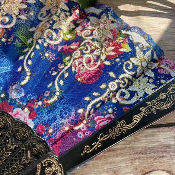 💋 Fold Fan Gold Glitter Lace Asian hand fan blue - Picture 3 of 4